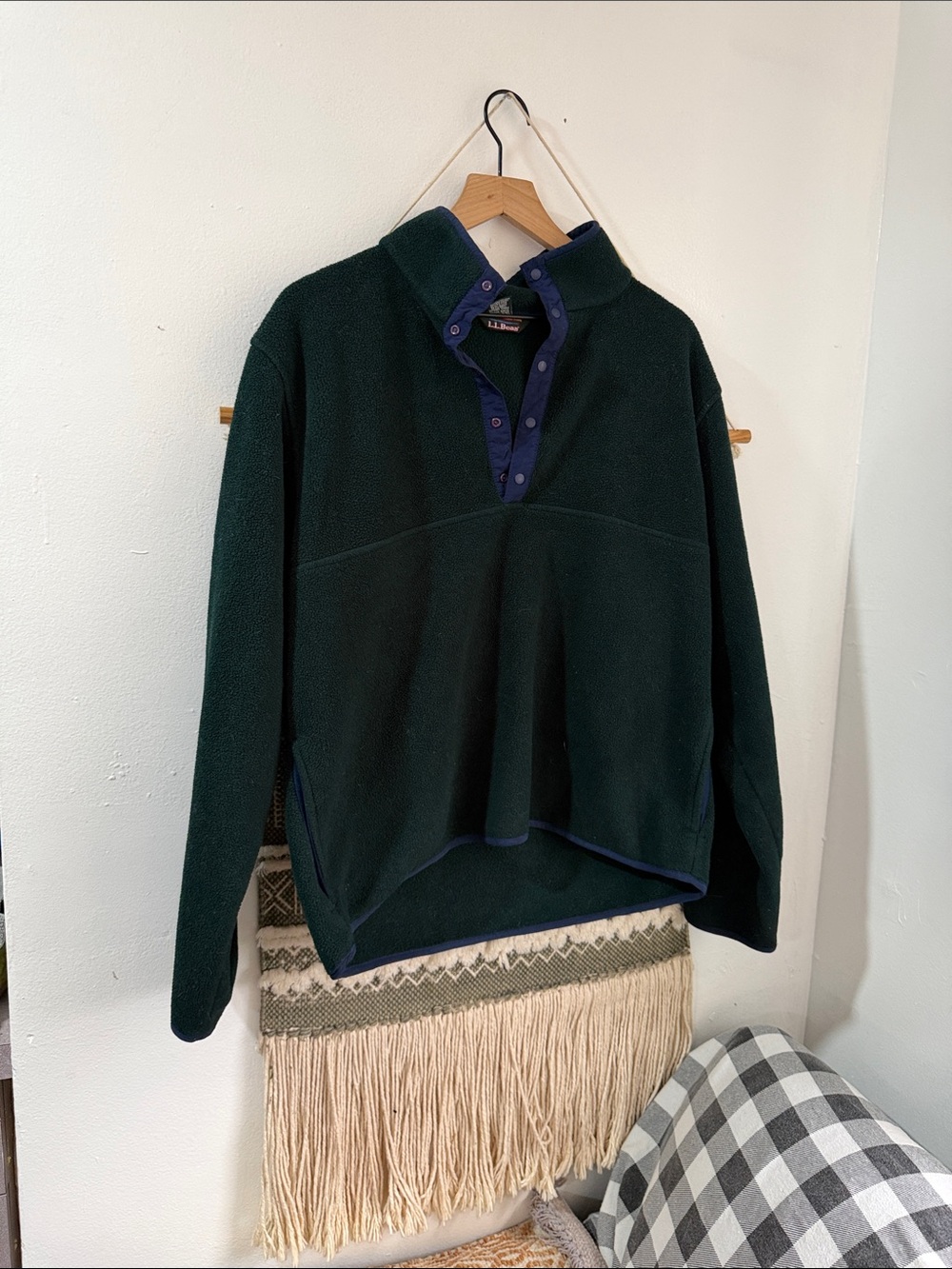 L.L. Bean Dark Green Fleece Pullover with Navy Trim